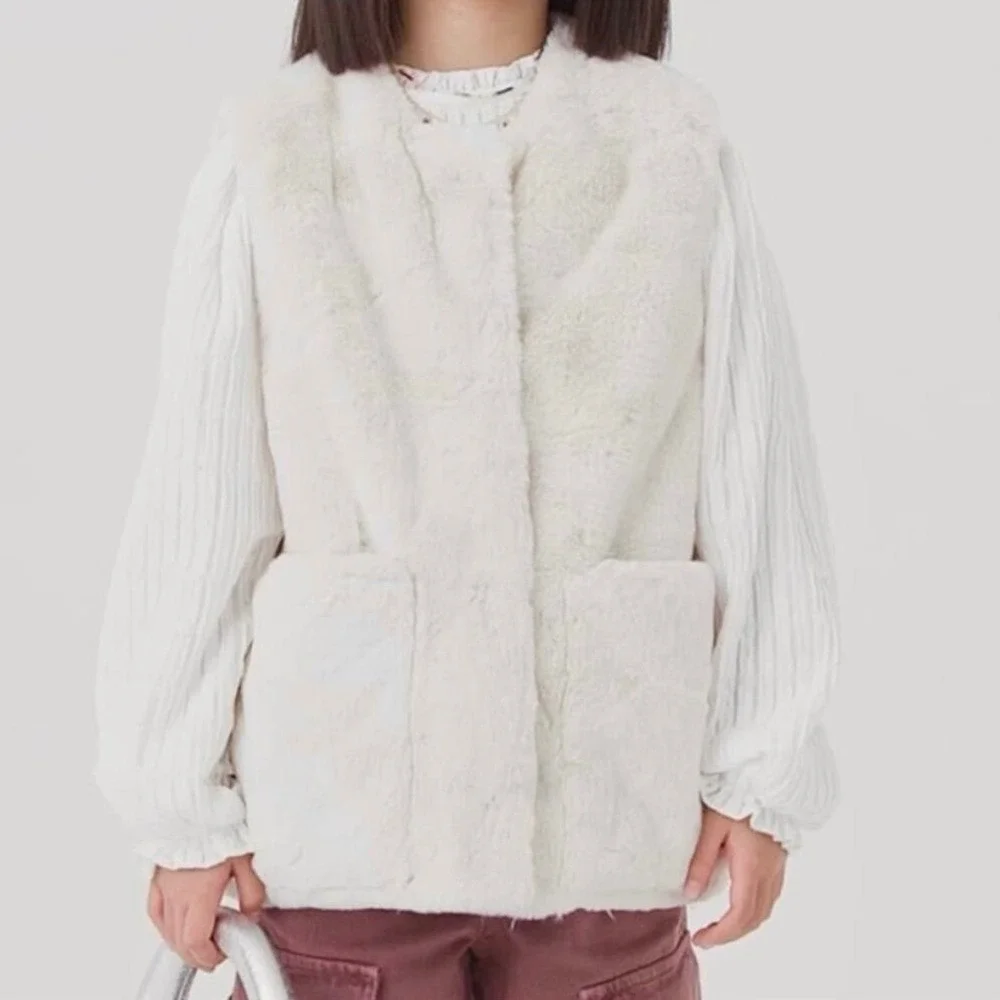 Zara Kids Faux Fur Vest Cream Off White Snap Front‎ Pockets Size 11-12 152cm